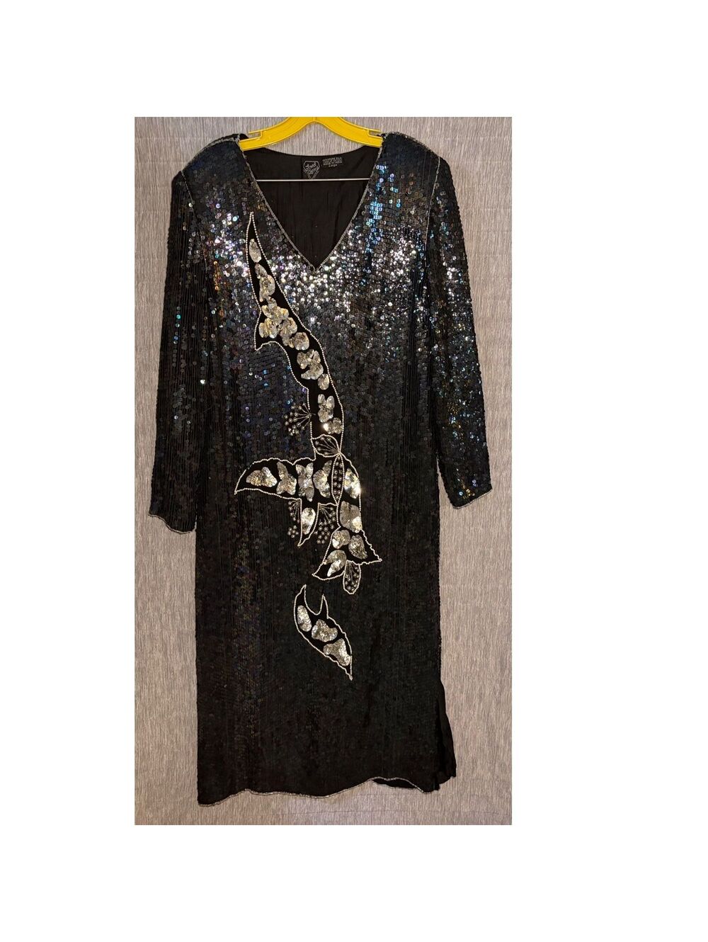Jewel Queen Black Sequin Silk Evening Dress Size Large Vintage Formal